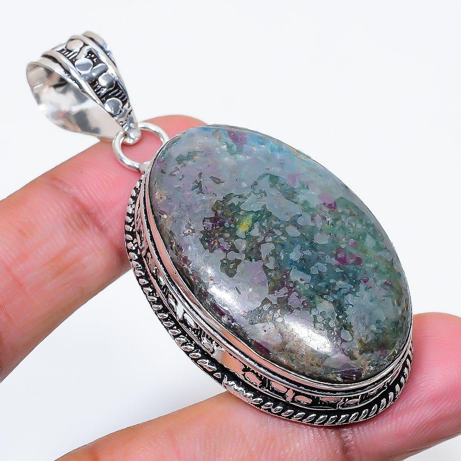 Natural Ruby Fuchsite Gemstone 925 Sterling Silver Jewelry Pendant 2.48" AP-16444