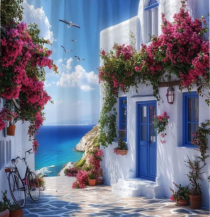 

Mediterranean Seaside Cottage Shower Curtain, Waterproof and Mildew-Resistant for Vibrant and Scenic Bathroom Decor W90XH180cm