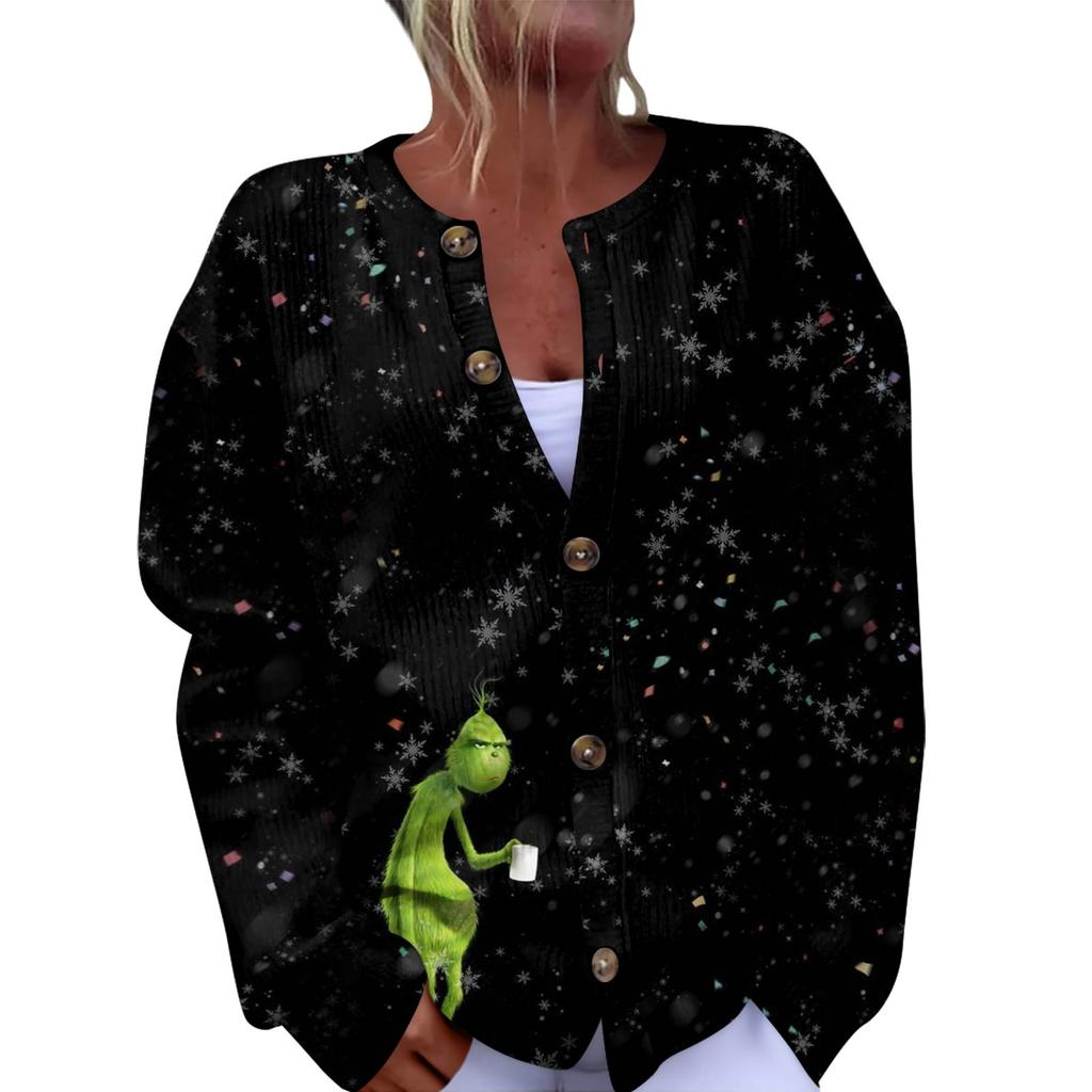 Women's Fashion Christmas Printed Long Sleeve Knitted Cardigan Button Down Jacket