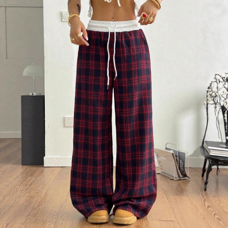 Retro Casual Floor-Length Drapey Wide-Leg Plaid Pants With Elastic Waist Straight-Leg Casual Trousers For Women