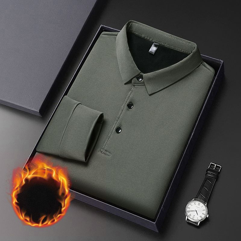 Plus Fleece Thicken Winter New Men Long Sleeve Polo Shirts Turn-down Collar Loose Solid Color Smart Casual Chic All-match Tops