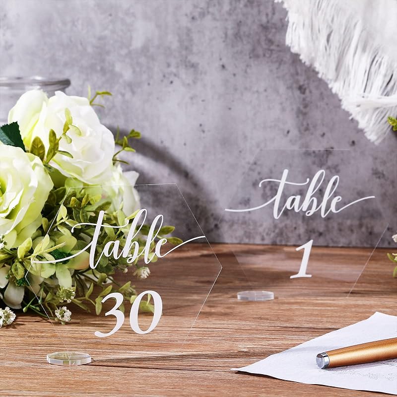 30 Pieces Acrylic Table Numbers 1-30 for Wedding Reception Clear Table Number Signs 1-30 with Stand Hexagonal Rectangle for Wedding Event Party