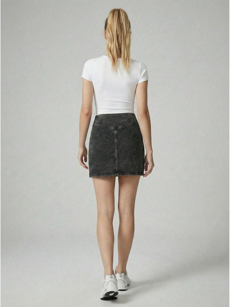 Stylish High-Waist Slit Faux Denim A-line Mini Skirt