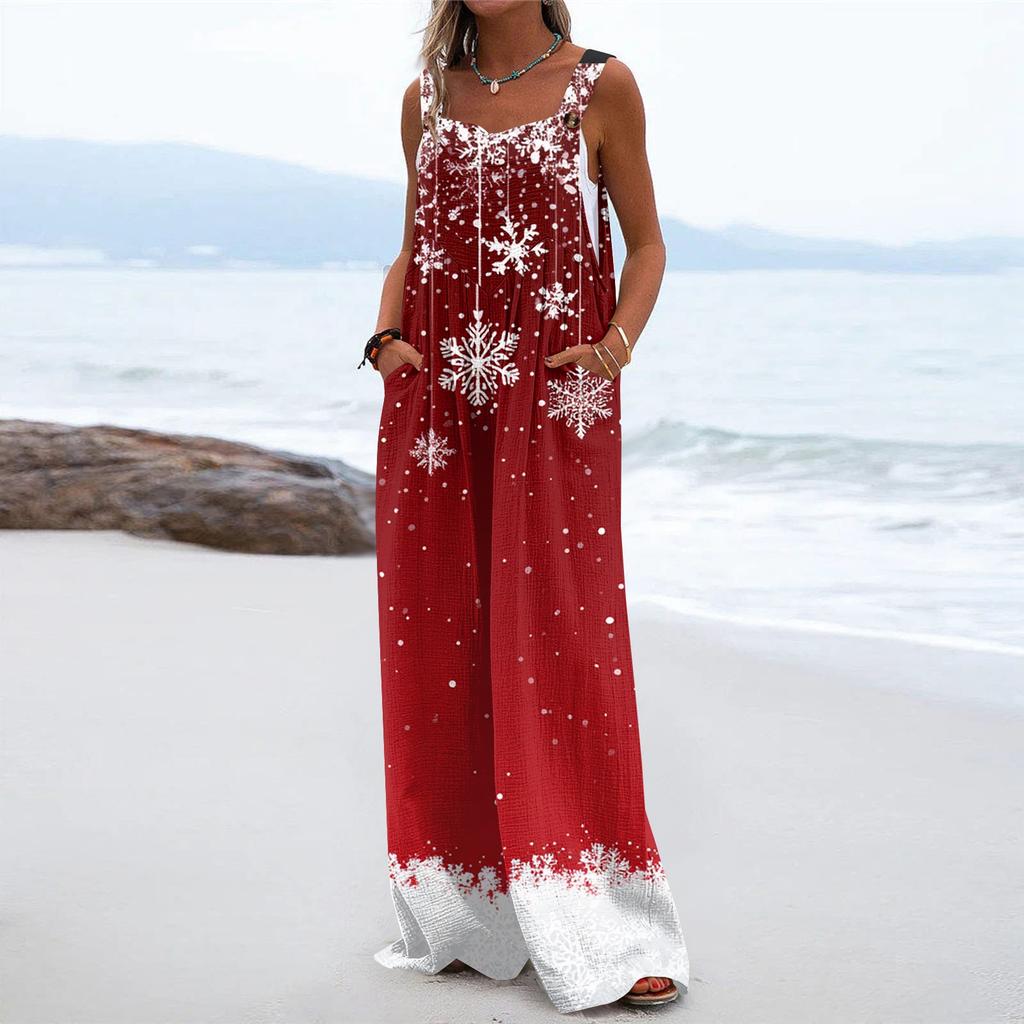 Women's Christmas Print Solid Wide Leg Strapless Tank Pocket Casual Onesie
