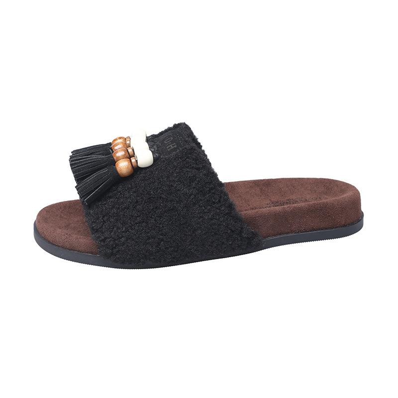 Thick-bottomed ethnic style fringed beaded fluffy slippers women's 2025 autumn new outer wear casual lazy one-word slippers