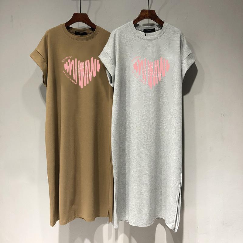 

Новая хлопковая футболка с короткими рукавами, юбка, женская, Love Loose, повседневная, большого размера, платье с рукавами-крылышками, длинное платье XXL светло-серый