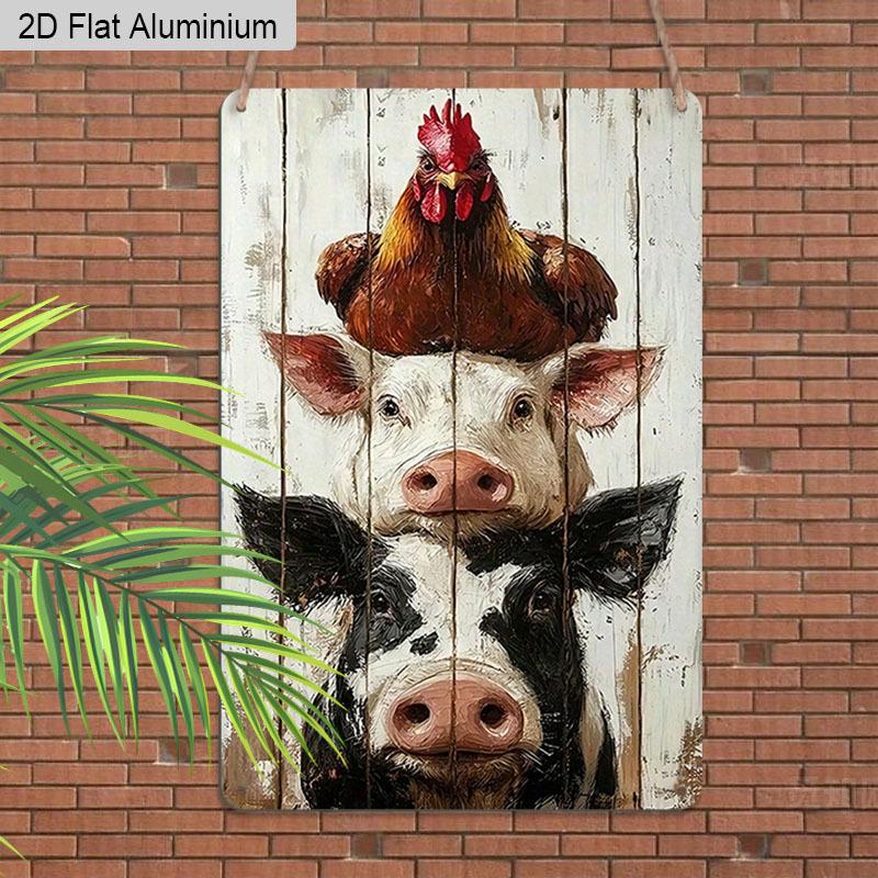2D Flat 1pc Vintage Aluminum Sign Farm Animals Stacked Cow Pig Chicken Wall Decor Plaque for Home Kitchen Farmhouse Countryside Decor