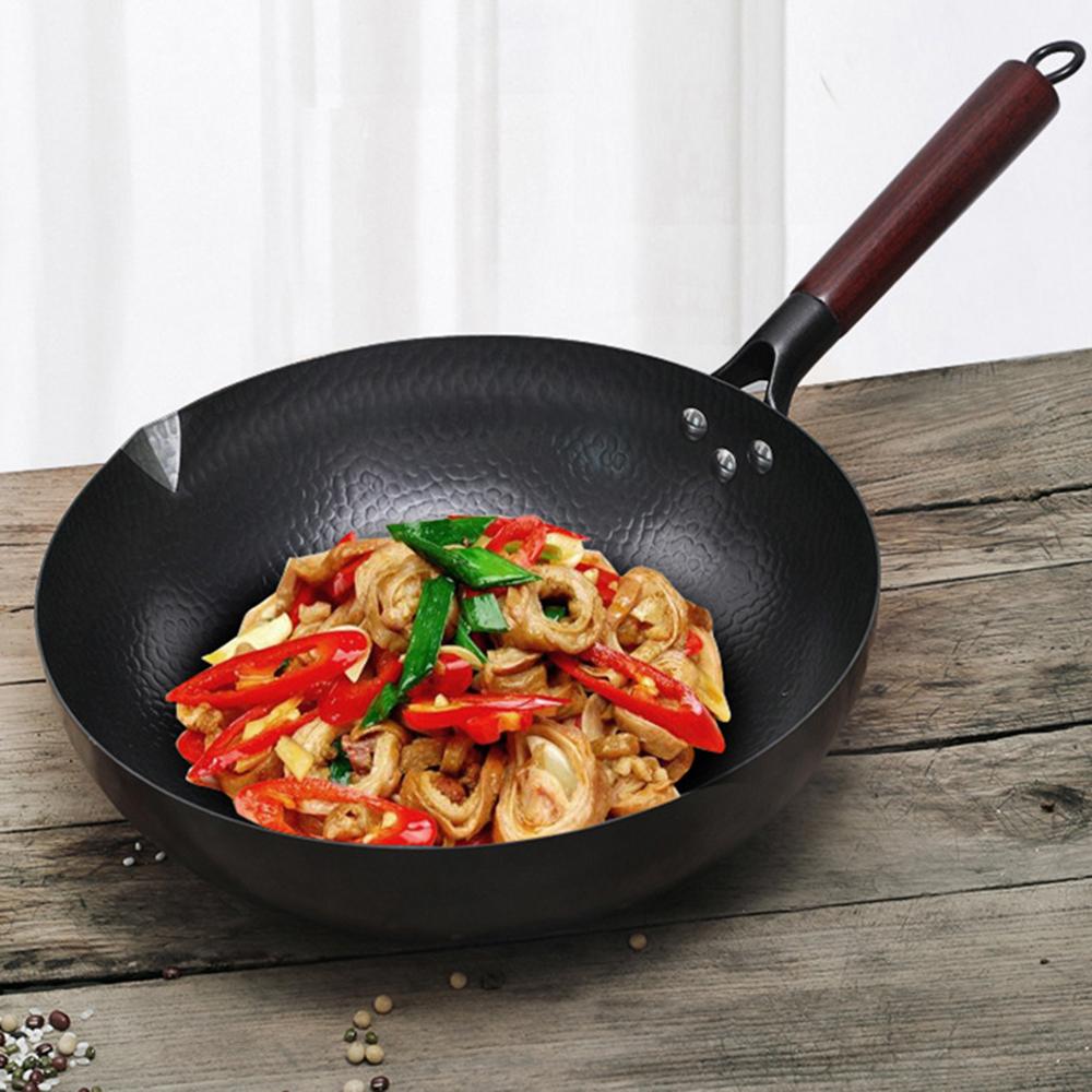 Czyste żelazo wok żeliwna patelnia Niepowlekana Garnek Ogólnego użytku do kuchenki gazowej i indukcyjnej 32cm Chiński wok Naczynia kuchenne Patelnia