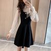 French Retro A-line Black Dress with Mesh Splicing & Long Sleeves