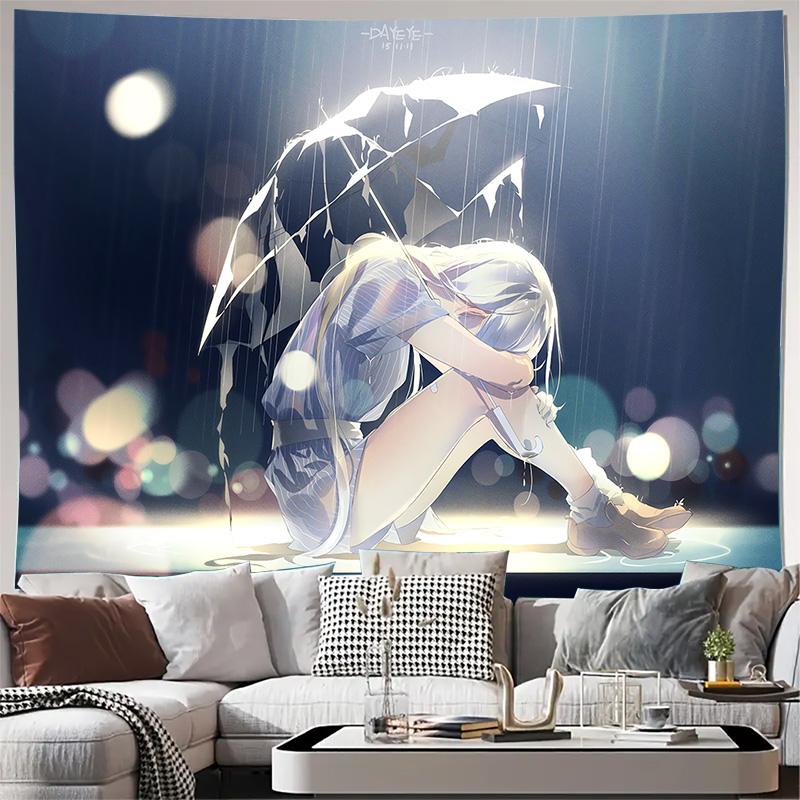 

Anime Girl Under Broken Umbrella Rainy Night Bokeh Light Wall Tapestry Machine Washable All Season Print Japanese Art DesignHome 74x94cm(29x37in)