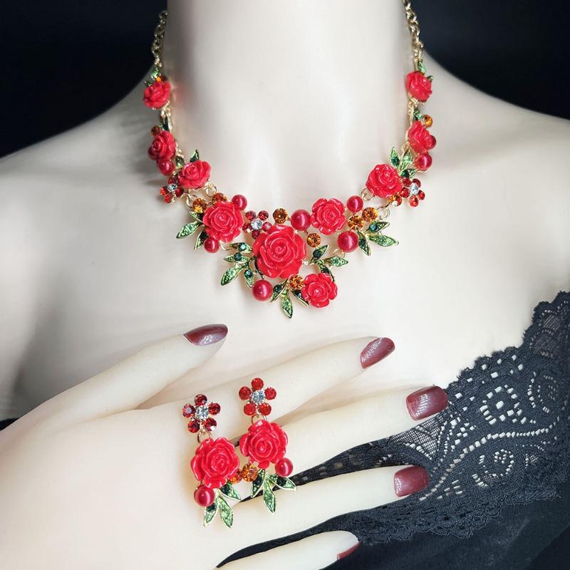 2026 Romantisches Rosenblüten Schmuckset Choker Halskette Ohrstecker für Damen Hochzeitsfeier Valentinstagsgeschenk
