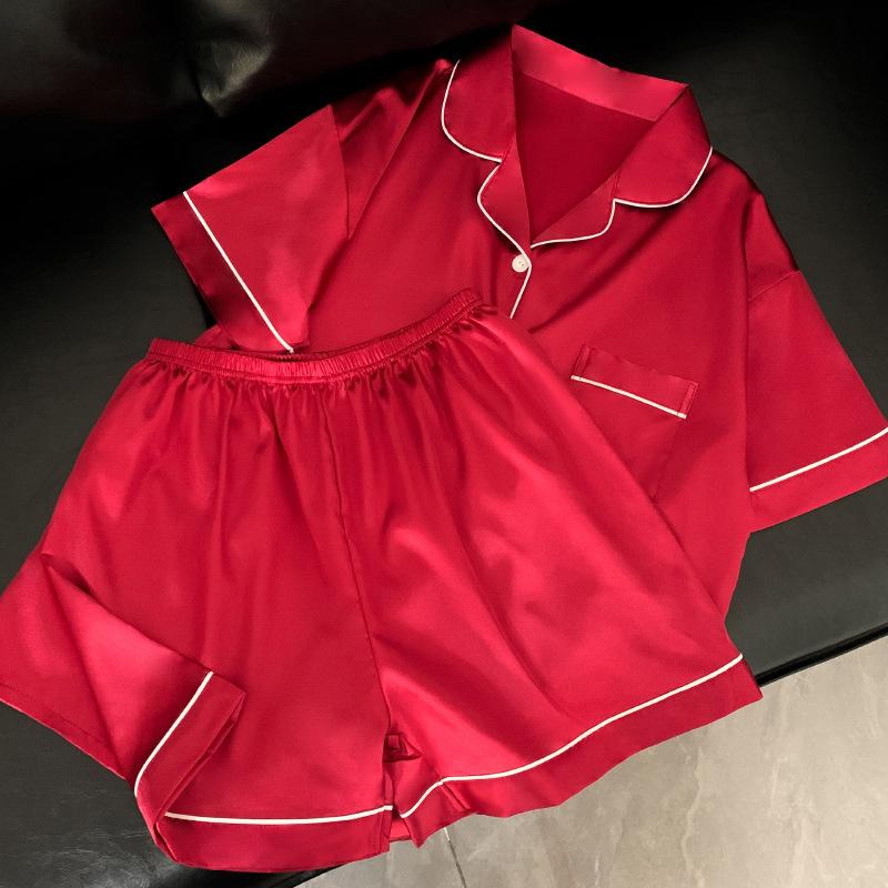Foreign Trade Red High-End Ice Silk Pajamas Women'S Short-Sleeved Shorts Summer Thin Silky Loungewear Two-Piece Set