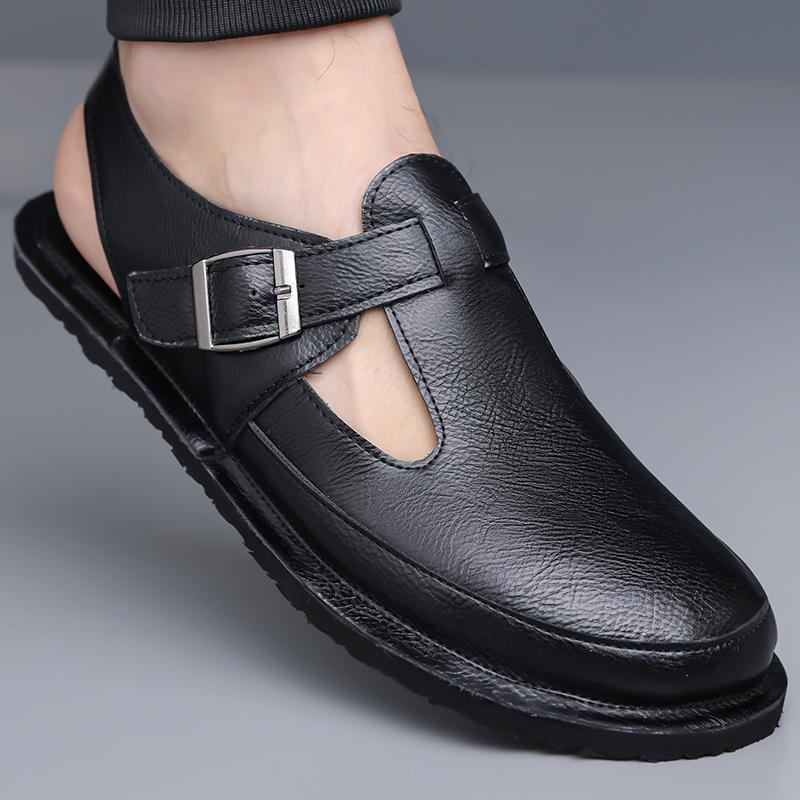 Men Flats Summer Roman Sandals Retro Brown Leather Closed Toe Beach Shoes Large Size