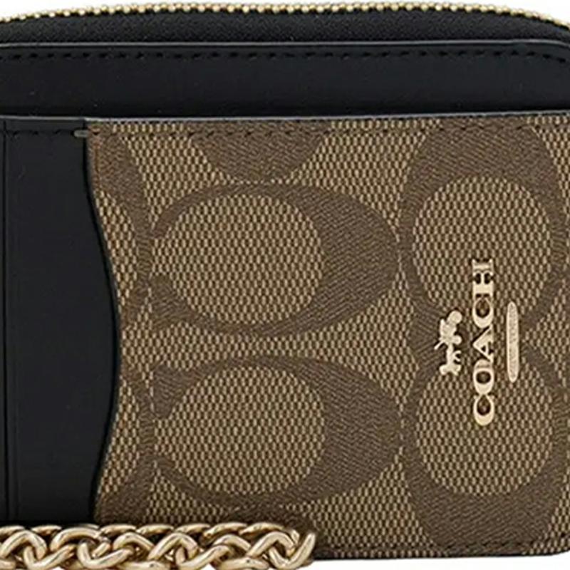 Coach Logo Print Color Block Canvas And Leather Card Case Wallet Clutch Coin Purse Women Wallet Khaki Black C1885-IMNOX
