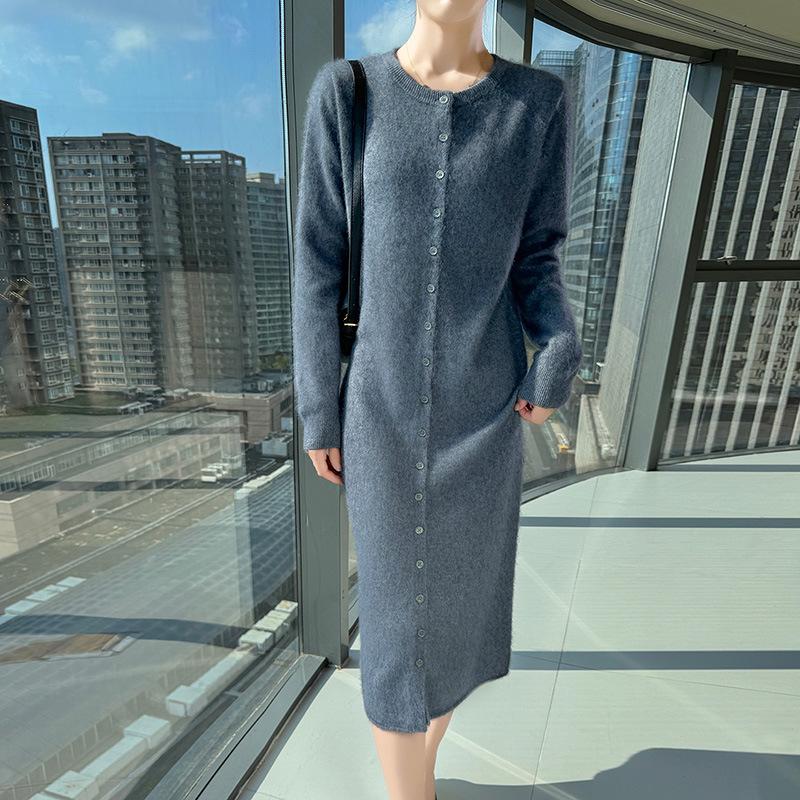 Women's Mink Cashmere Cardigan - Round Neck, Long Sleeve, Soft, Fluffy, Loose Fit, Mid-Length Knit Wool Sweater for Autumn/Winter.