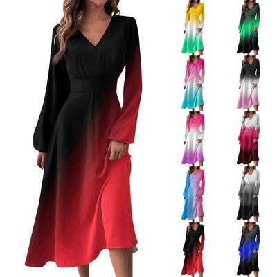 Γυναικείο φθινοπωρινό και χειμερινό casual φόρεμα με λαιμόκοψη V με μακρυμάνικο στάμπα