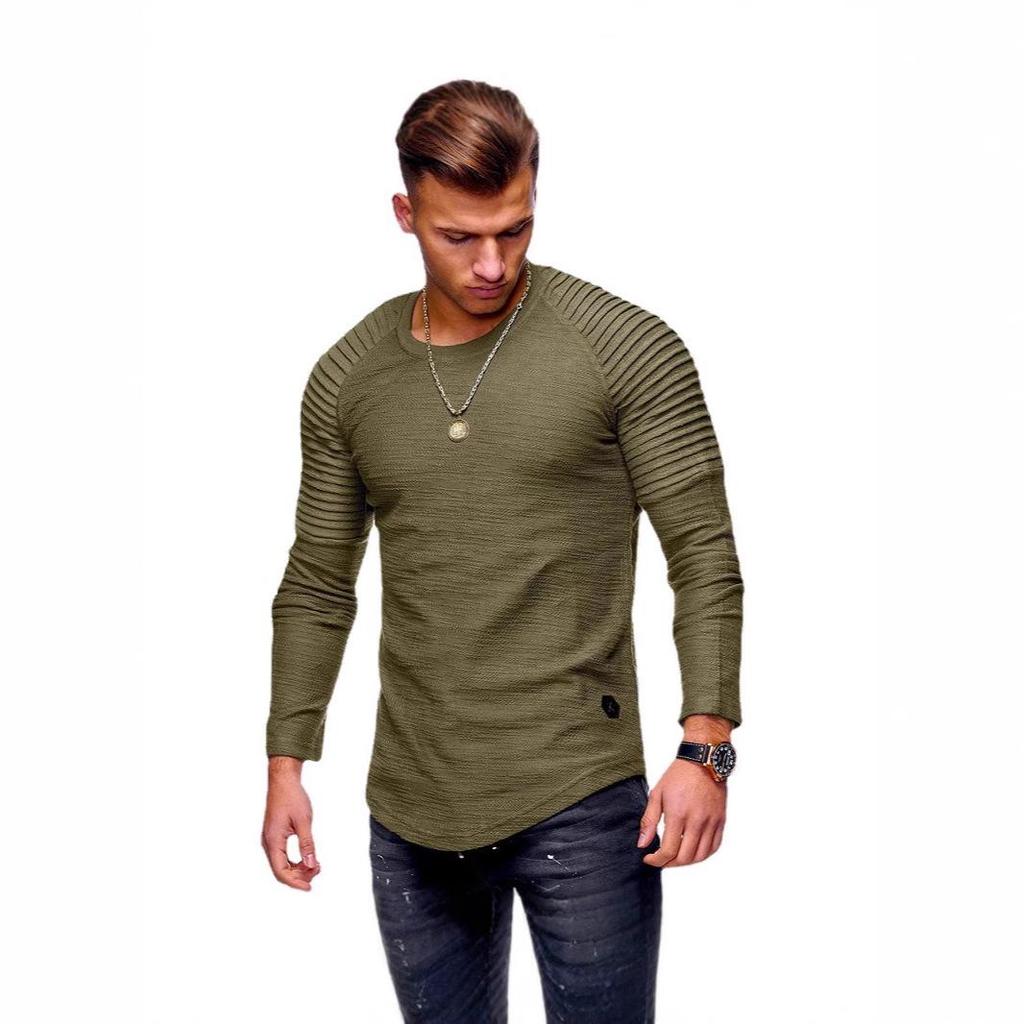 Herren-T-Shirt mit schmaler Passform und langen Ärmeln im Raglan-Stil – einfarbig, Rundhalsausschnitt, plissierte Ärmel, perfekt für Frühling und Herbst.