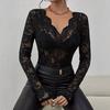 Women Tops V-Neck Long Sleeve Hollow Embroidery Lace Design Pullover Tops Pure Color Slim Fit Mesh Detail Blouse Daily Wear
