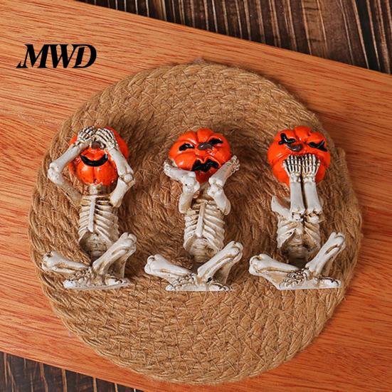 Halloween Skull Figurine 3 Pcs Skeleton Statue, Hear See Speak No Evil Pumpkin Head Gothic Home Decoration Figurine, Resin Spooky Ornament for Mantel,