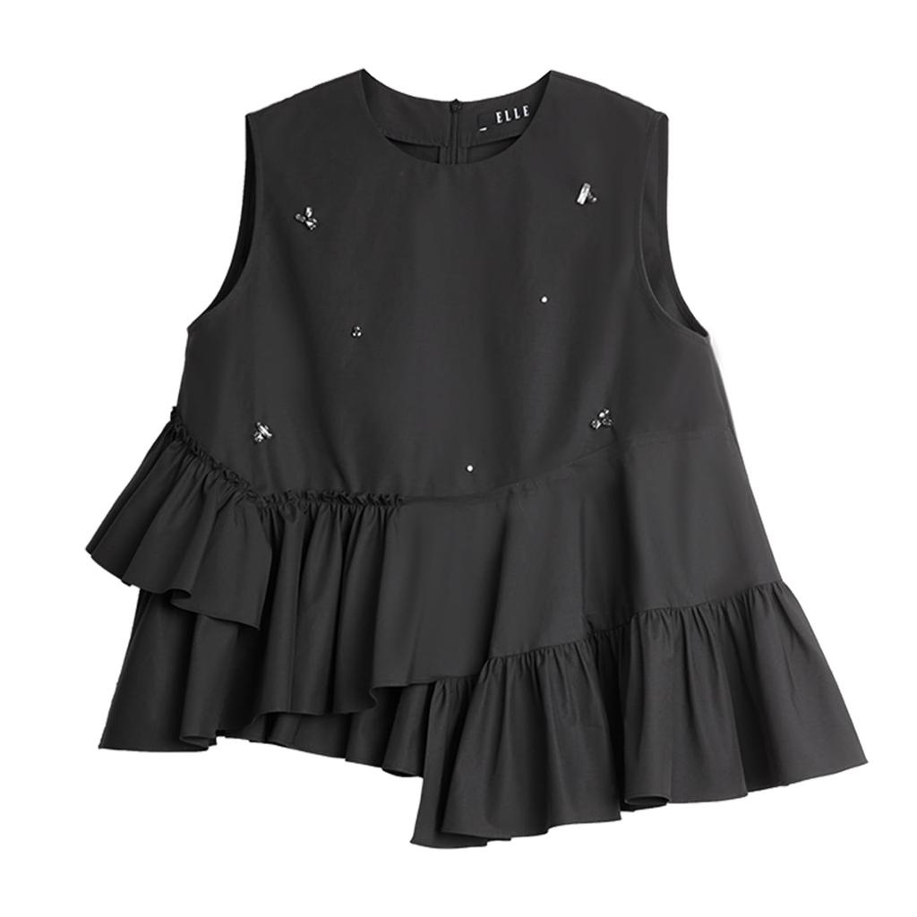 [ELLE] Elle Tops Blouse Sleeveless Women's Summer Modern Bead Embroidery Frill Asymmetrical Design Original Stylish Casual EM51429 (JP, Alphabet, M)