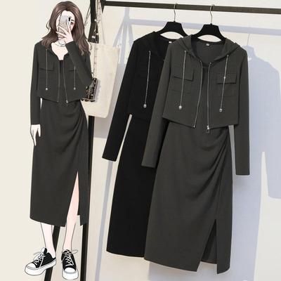 Ensemble Veste à Capuche & Robe Fendue pour Femme - Grande Taille, Coupe Slim, Début Automne 2023