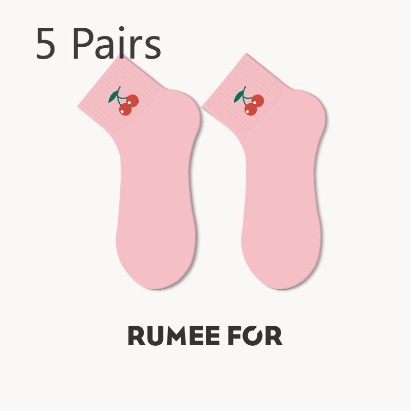 5 Pairs of Cute Cartoon Embroidered Breathable Short Cotton Socks for Women In Spring and Summer