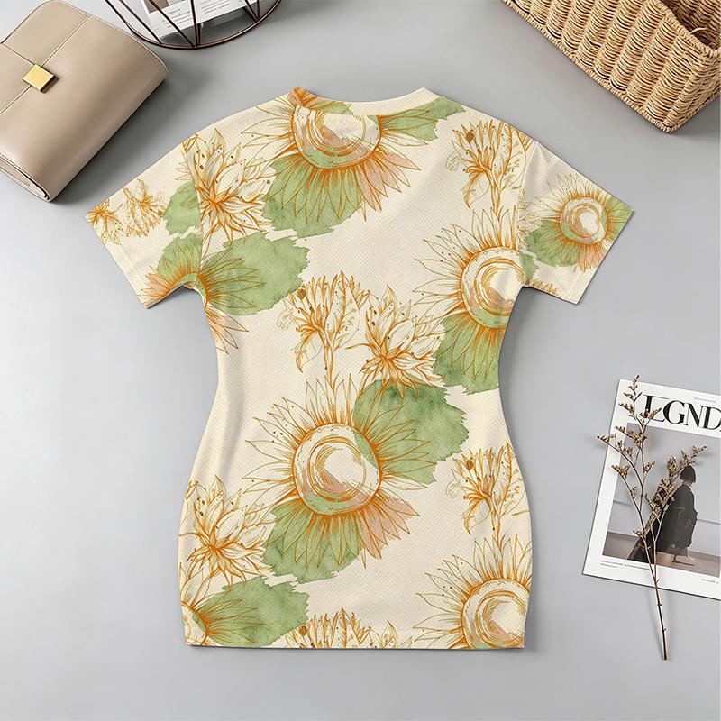 V-Neck Floral Bodycon Mini Dress Soft Short Sleeve Slim Fit,Fresh Soft Sensual Style,Versatile for Beach Vacation Daily Casual