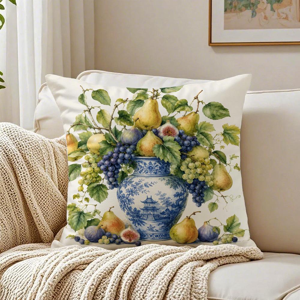 Porcelain Fruits Summer Cushion Cover Double-Sided Plush Sofa Cushion Covers Organic Breathable Invisible Zipper