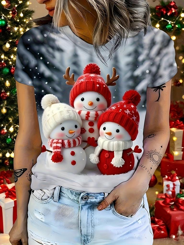 Women's Christmas 3D Winter Santa Claus Print T-shirt, Summer Casual Round Neck Short Sleeve Loose T-shirt for Women