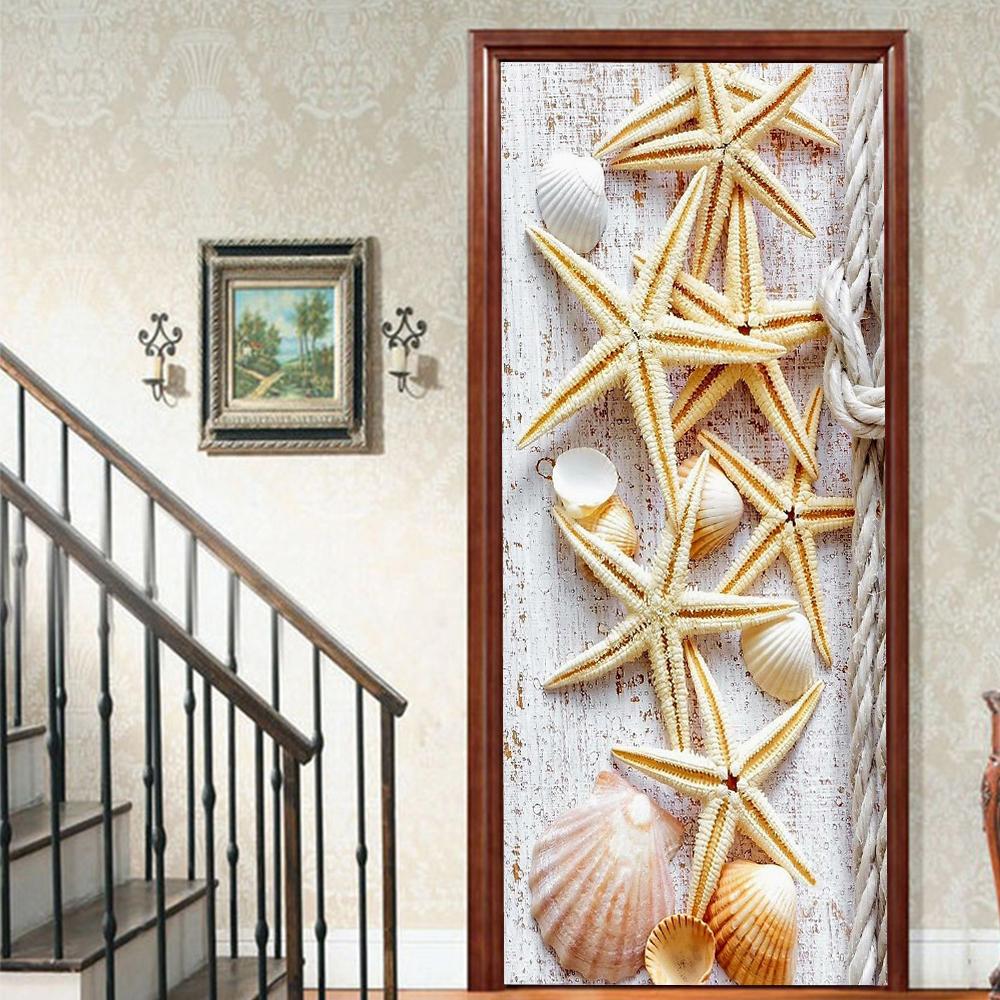 1pcs Porch Beach Scenery Shell Vinyl Door Sticker For Bedroom Home Decor Self Adhesive Removable Wall Decal Door Renovation Waterproof Poster