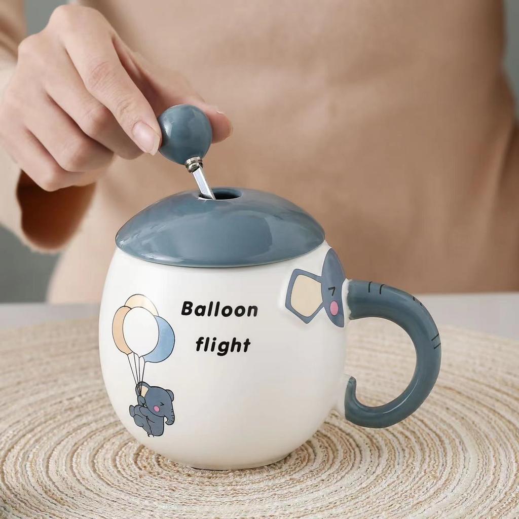 Creative and Cute Elephant Mugs Office Home Ceramic Cups  Covered Spoons  Student Breakfast Milk Cups Coffee Cups