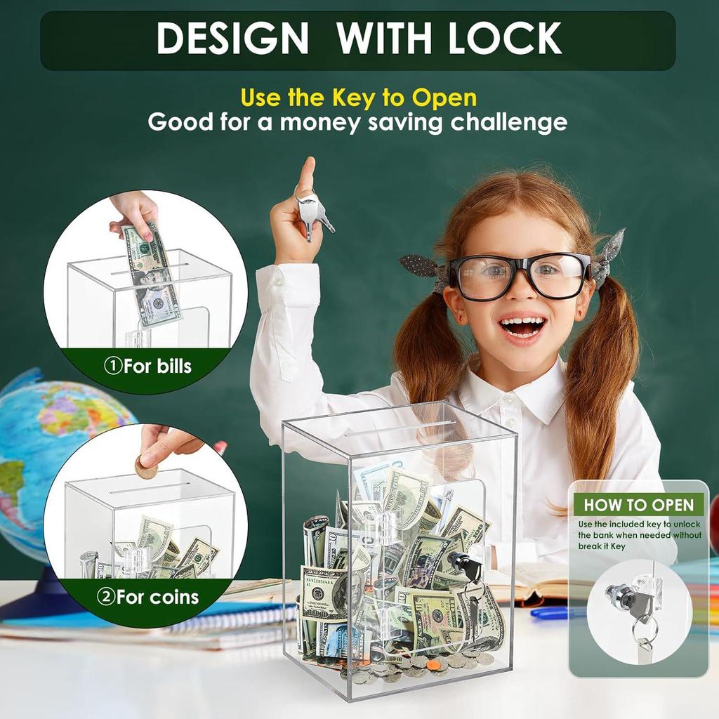 Clear Acrylic Lockable Coin Savings Bank Box