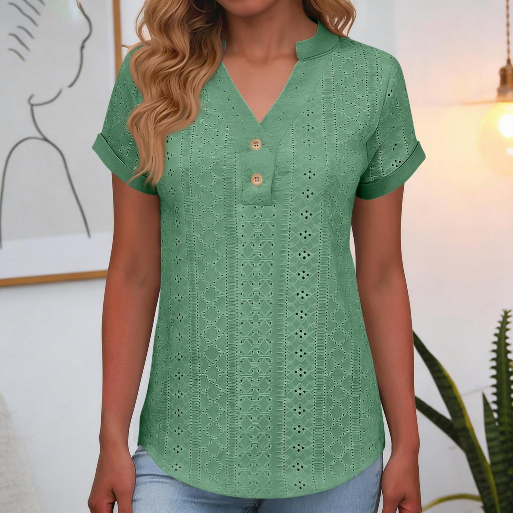 Women Short Sleeve Button Front Eyelet Embroidered Top V Neck Casual Blouse with Rolled Cuffs for Daily Wear