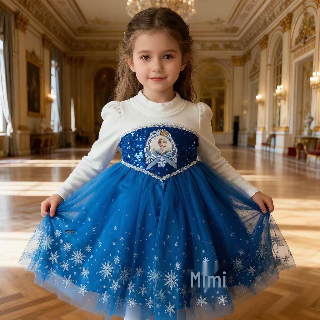 Glitzerndes leuchtendes Elsa Prinzessinnenkleid für Mädchen - Beflockter Herbst-/Winter-Halloween-Stil