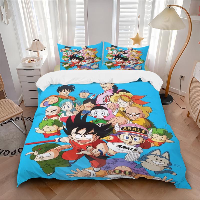 3pcs Dragon Ball Character Printed Quilt Set - Includes 1 Quilt Cover and 2 Pillowcases, Machine Washable - Suitable for All Seasons.H024