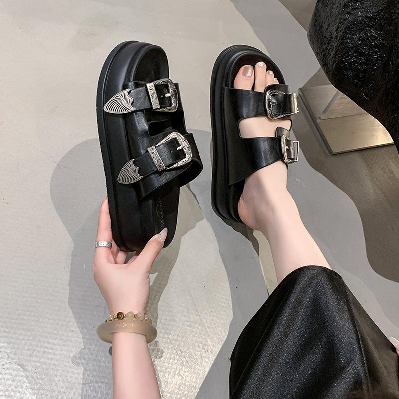 2025 summer slippers women's fashion and leisure flat-bottomed beach one-word sandals buckle platform slippers women's shoes