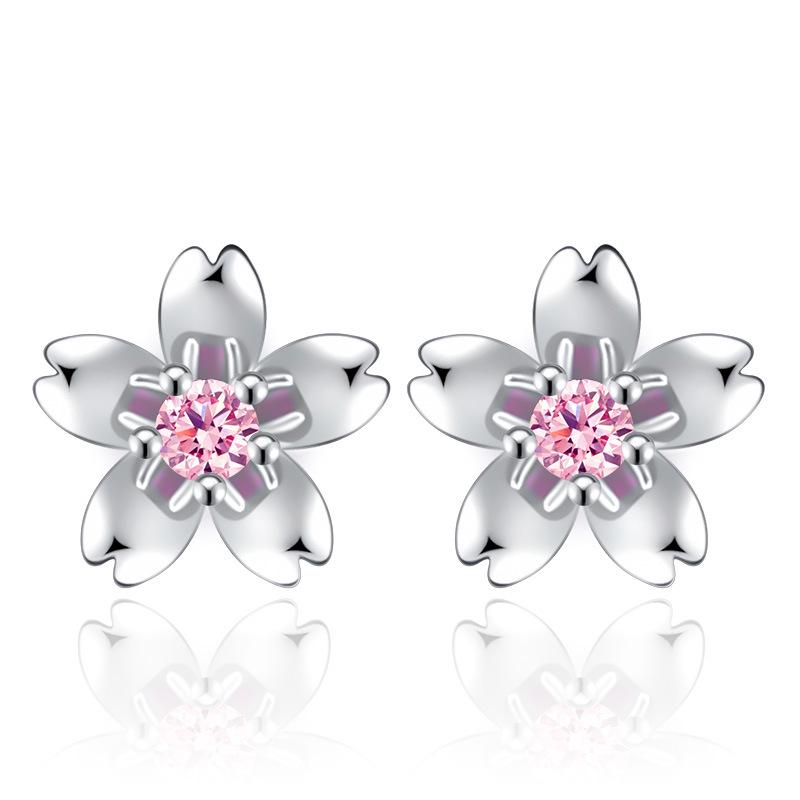 Guochao Peach Blossom Rose Flower Earrings with Pink Diamond-Plated Silver Studs for Women
