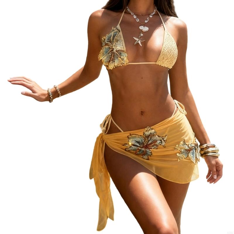 Triangular Thong Swimsuit for Women Halterneck Bathing Suit with Coverup Skirt
