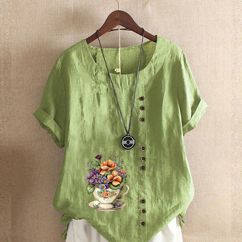 Women's Fashion Flower Prined Short Sleeve T-shirt Loose Cotton Shirt Casual Loose Summer Blouse Tops Plus Size