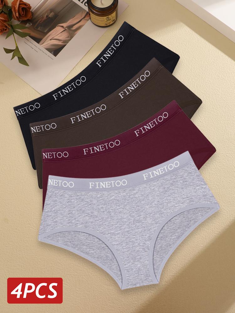 FINETOO 4PCS/Set Women Cotton Panties Sexy Low Rise Elastic Briefs Letter Straps Underwear Girl Solid Color Sports Panties Soft Lingerie