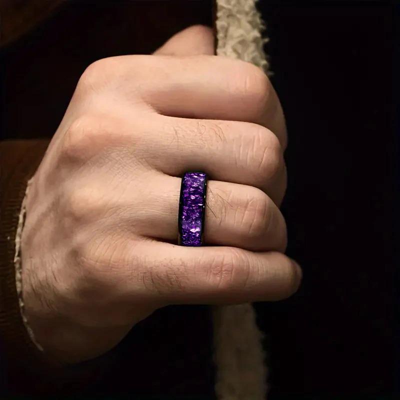Fashion 8mm Men Stainless Steel Rings Inlay Galaxy Style Purple Abalone Shell Rings For Men Wedding Engagement Band Jewelry Gift