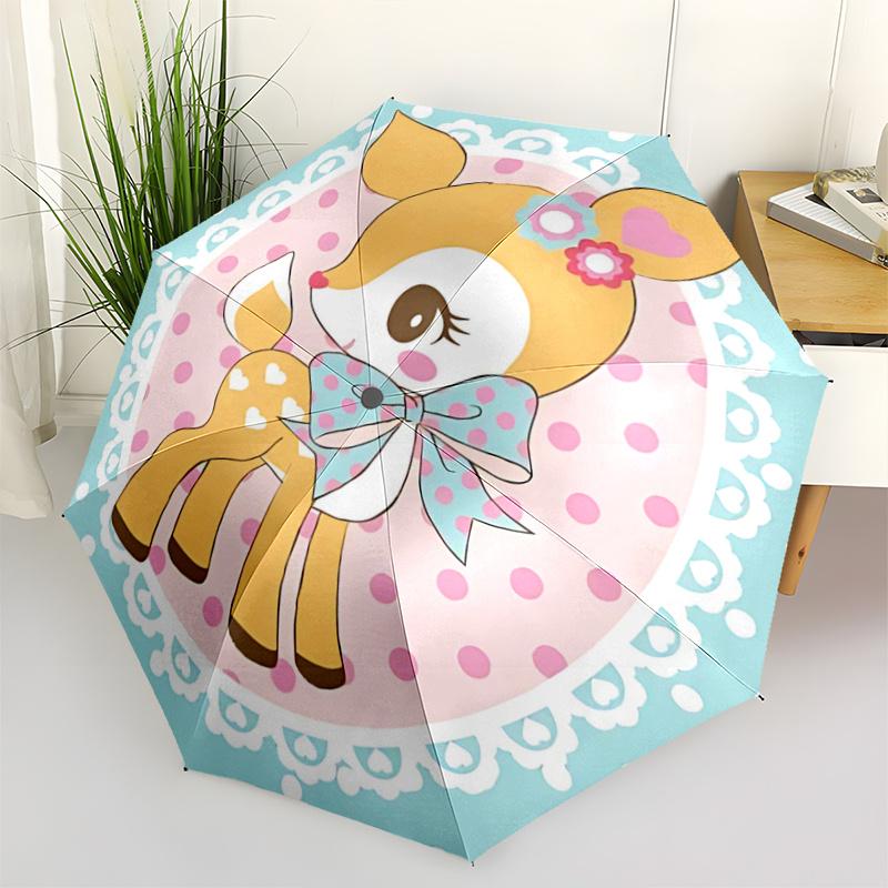 

1pc Adorable Deer Design Automatic Folding Umbrella - Polka Dot & Heart Pattern, Portable 3-Fold Design with Iron Frame, Perfect Gift for Fans, Travel