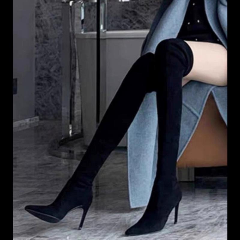 Pointed over-the-knee boots women's 2025 autumn and winter new suede integrated boots high-heeled nude boots elastic boots
