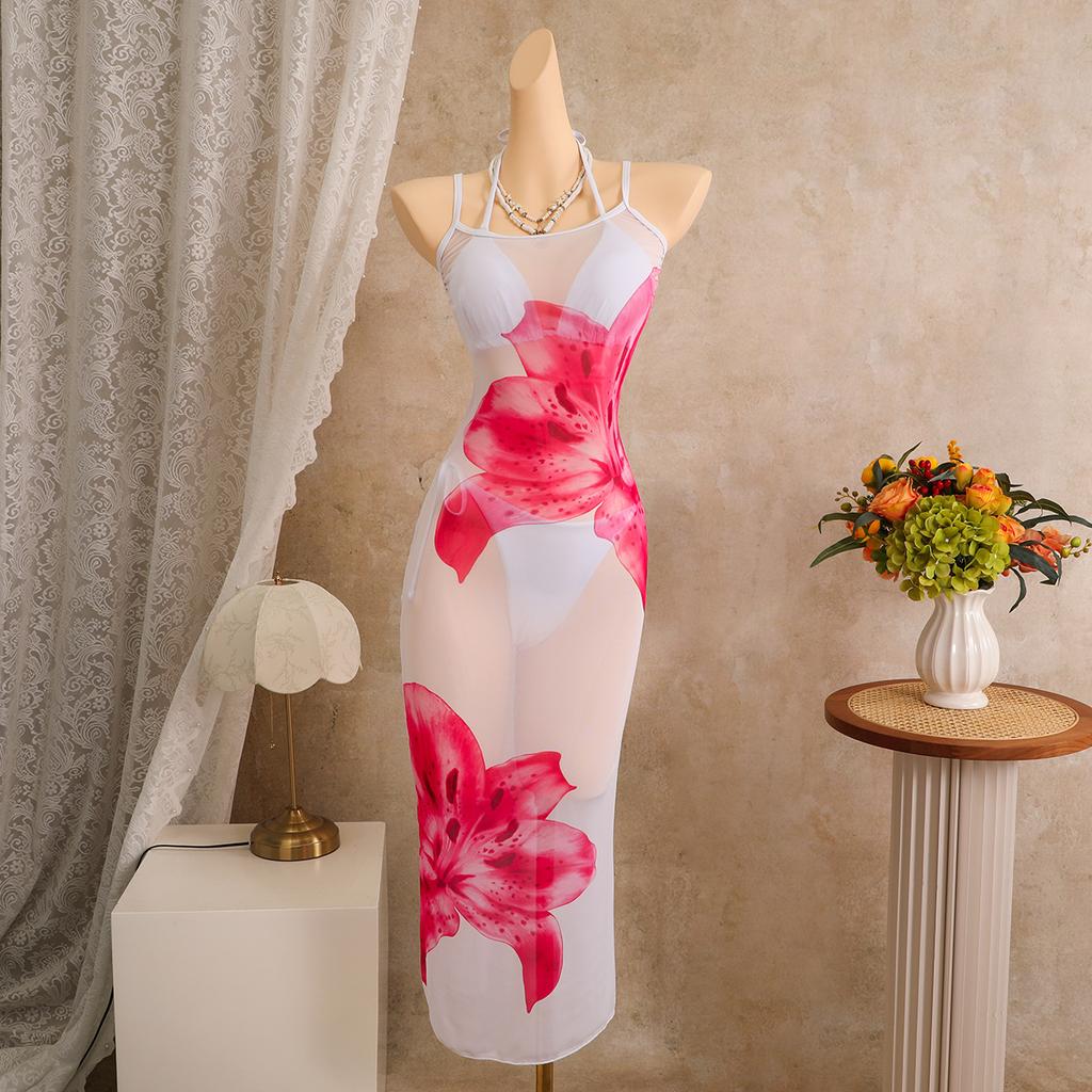 European and American New Printed Long Dress Three-piece Swimsuit Swimsuit Beach Vacation Bikini