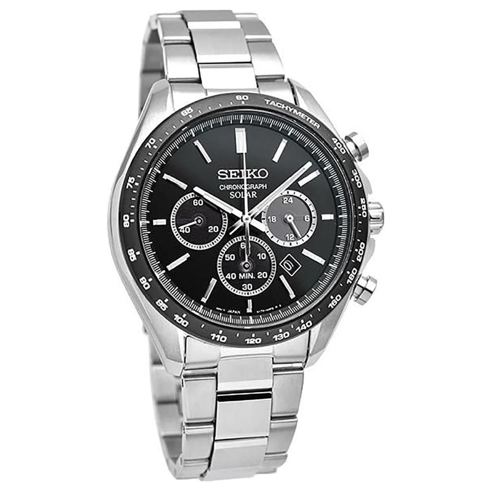 Seiko Stainless Steel Watch Band 100m Waterproof Black Dial Silver Band Quartz Watch Solar Quartz Movement Men watches SBPY167