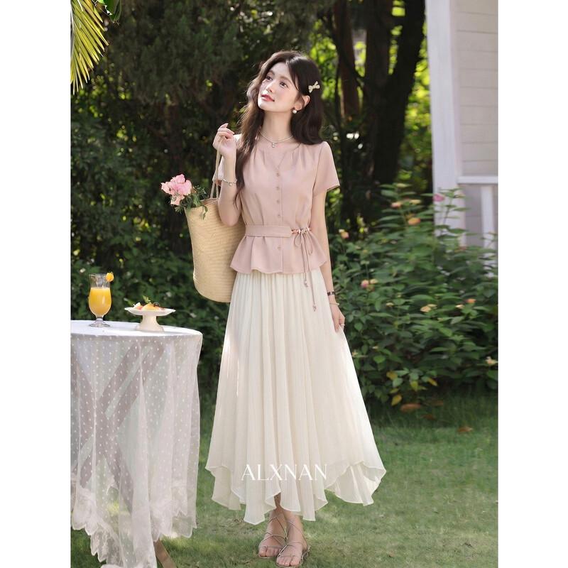 Women's French Pink V-Neck Tie-Waist Short Sleeve Blouse