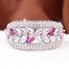 Gorgeous Silver Color Wide Band Ring for Women Pink Zircon Wedding Banquet Fashion Jewelry Gift