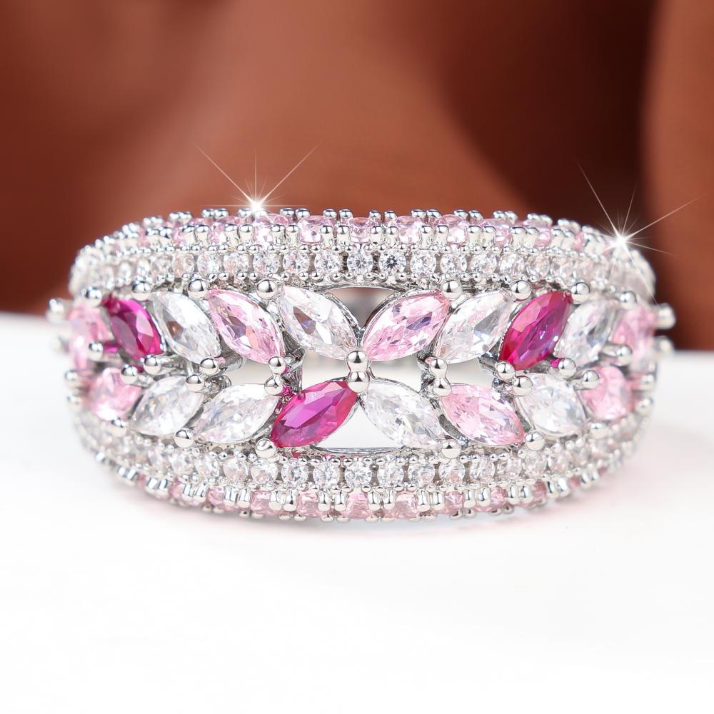 Gorgeous Silver Color Wide Band Ring for Women Pink Zircon Wedding Banquet Fashion Jewelry Gift