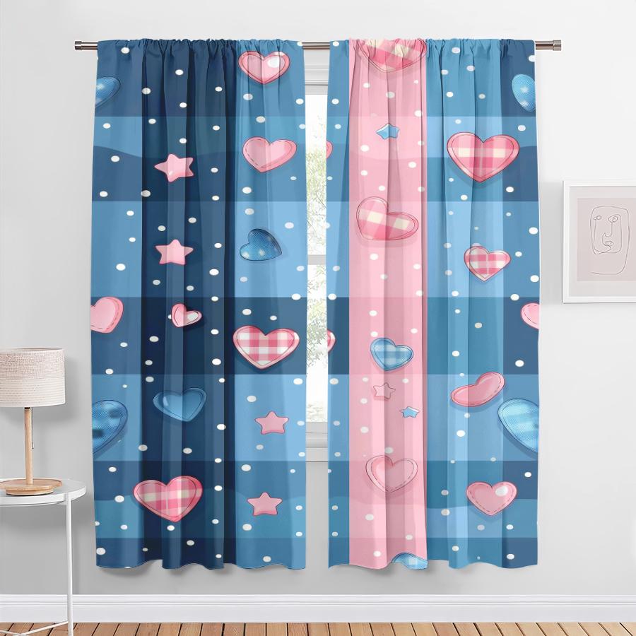 Set aus 2 Blau Rosa Gitter Herz Stern Vorhängen Süß Kühl Stil Wohnzimmer Schlafzimmer Stangentasche Dekoration Vorhang Polyester Ideal für Bereich