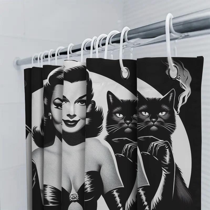 Vintage Retro Style Cat Lady Shower Curtain Classic Black White Print Bathroom Decor Perfect Gift For Women'S Day